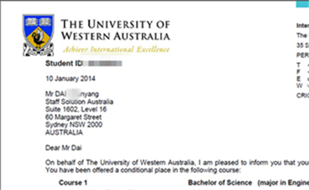 恭喜戴春阳同学同时被悉尼大学、西澳大学录取！