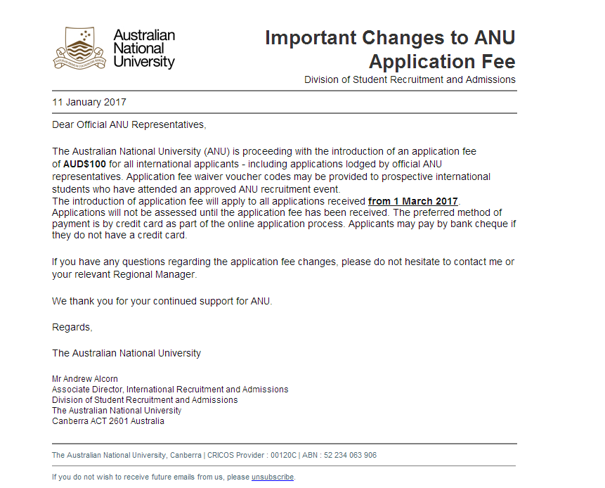 2017澳洲国立大学（ANU）申请费通知