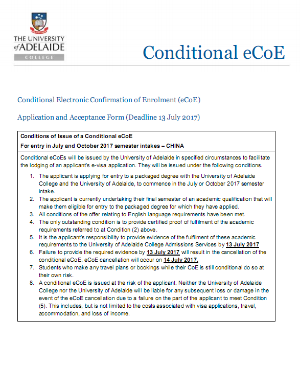  阿德莱德大学学院2017年Conditional CoE政策发布